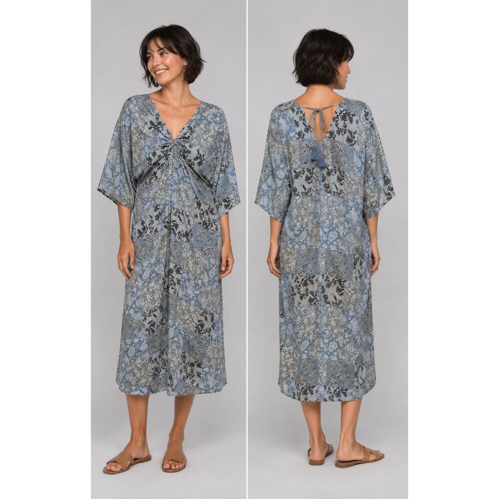 New GIGIO M 8 10 Patchwork Print Twist V Neck Midi Dress Back Tassel Tie